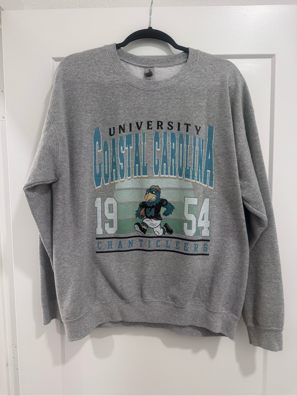 Gildan Gray Crewneck Sweatshirt with Teal and White Coastal Carolina Graphic